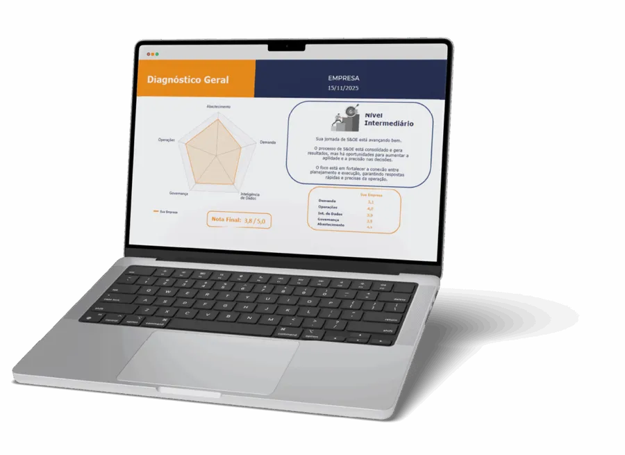 Notebook exibindo o diagnóstico geral do relatório de S&OE com gráfico de radar e nível de maturidade