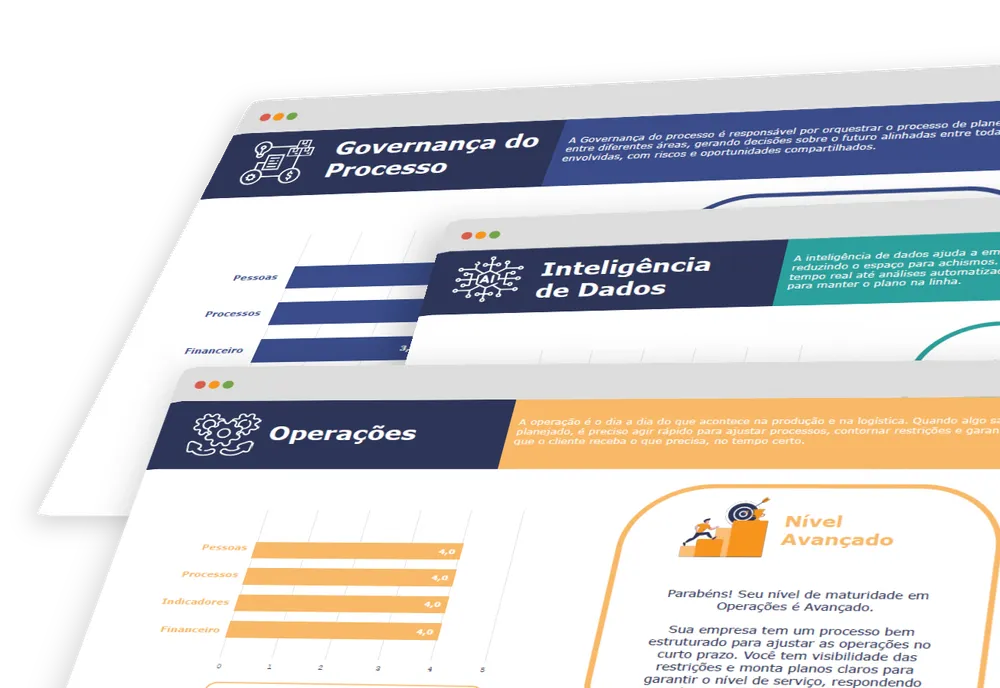 Páginas do relatório de S&OE com as notas de Governança do Processo, Inteligência de Dados e Operações
