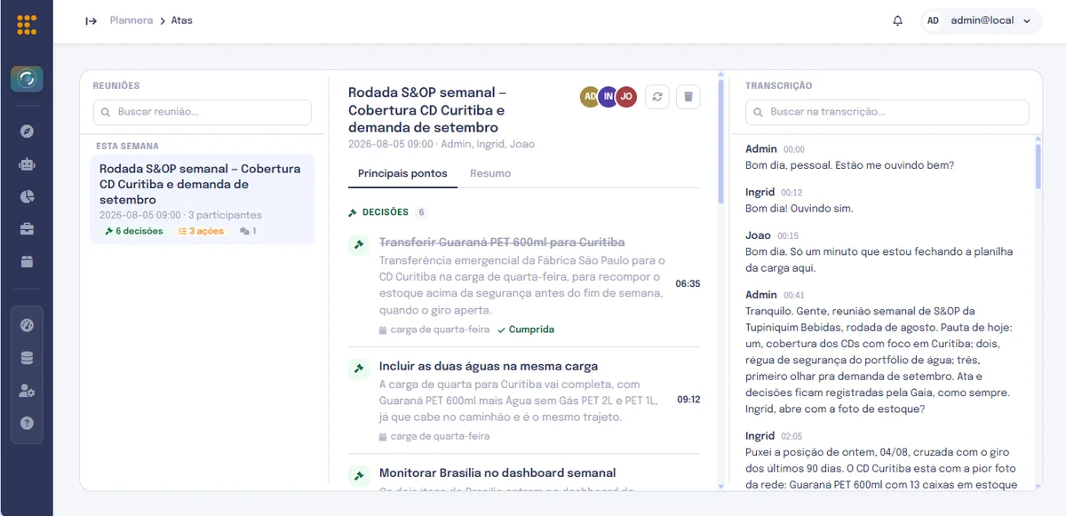 Tela de atas da GAIA com decisões rastreadas e transcrição pesquisável.