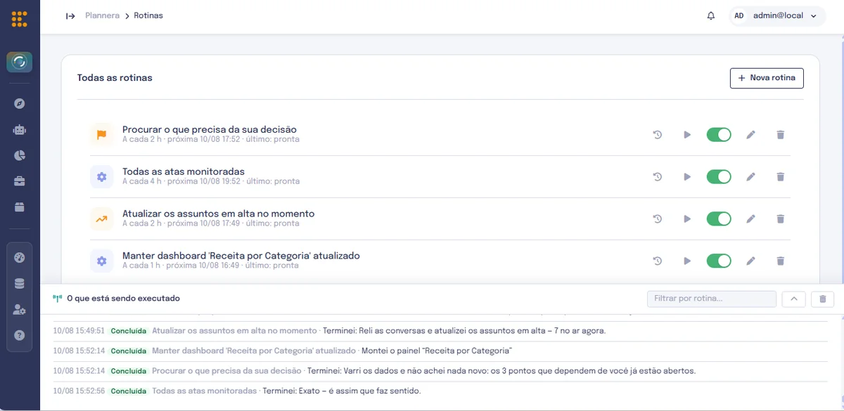 Tela de rotinas agendadas da GAIA com log de execução.