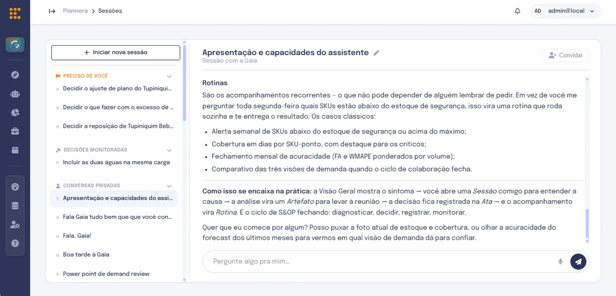 Tela de sessões da GAIA, com sessões agrupadas por prioridade de decisão ao lado da conversa aberta.