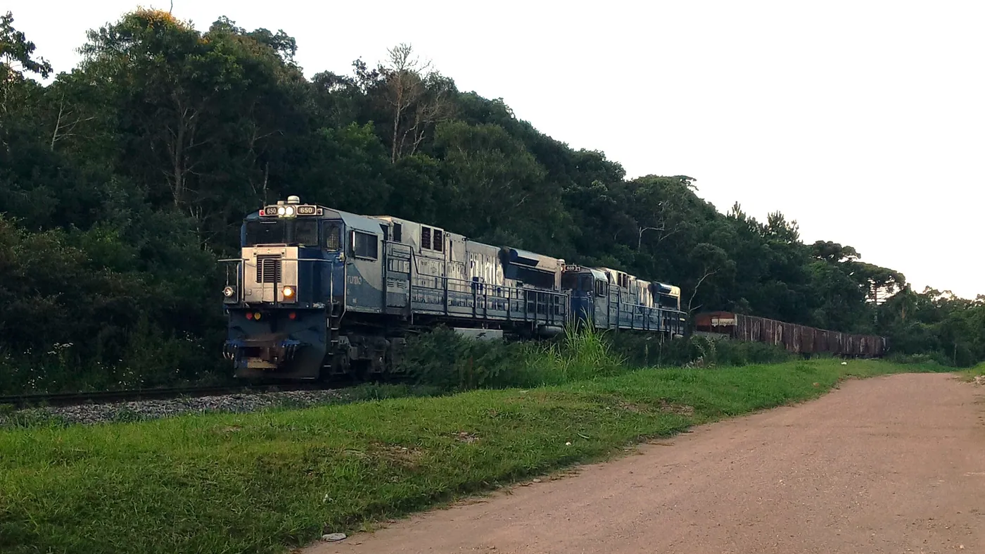 Trem de carga da Rumo com locomotivas azuis atravessando a mata em Pinhais (PR).
