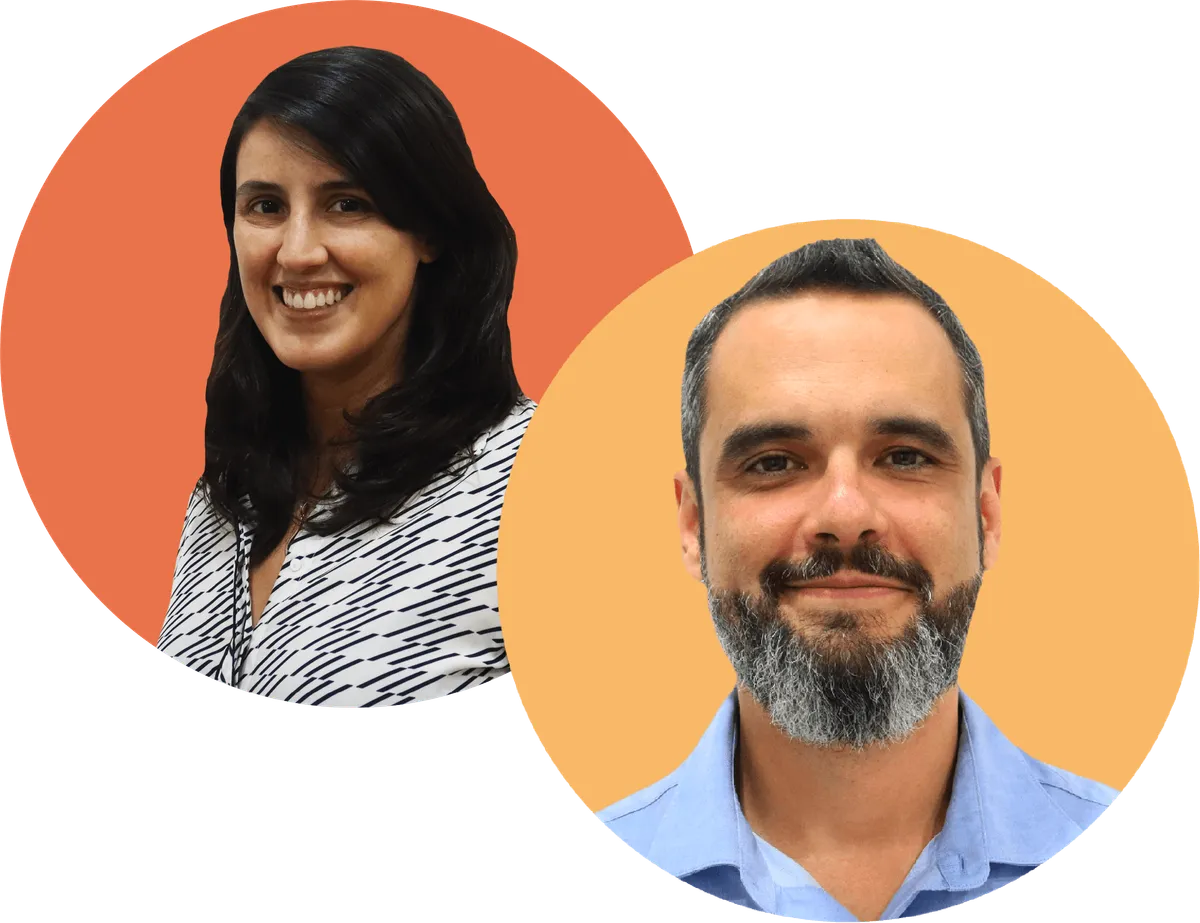Fotos de dois especialistas da Plannera em círculos coloridos.