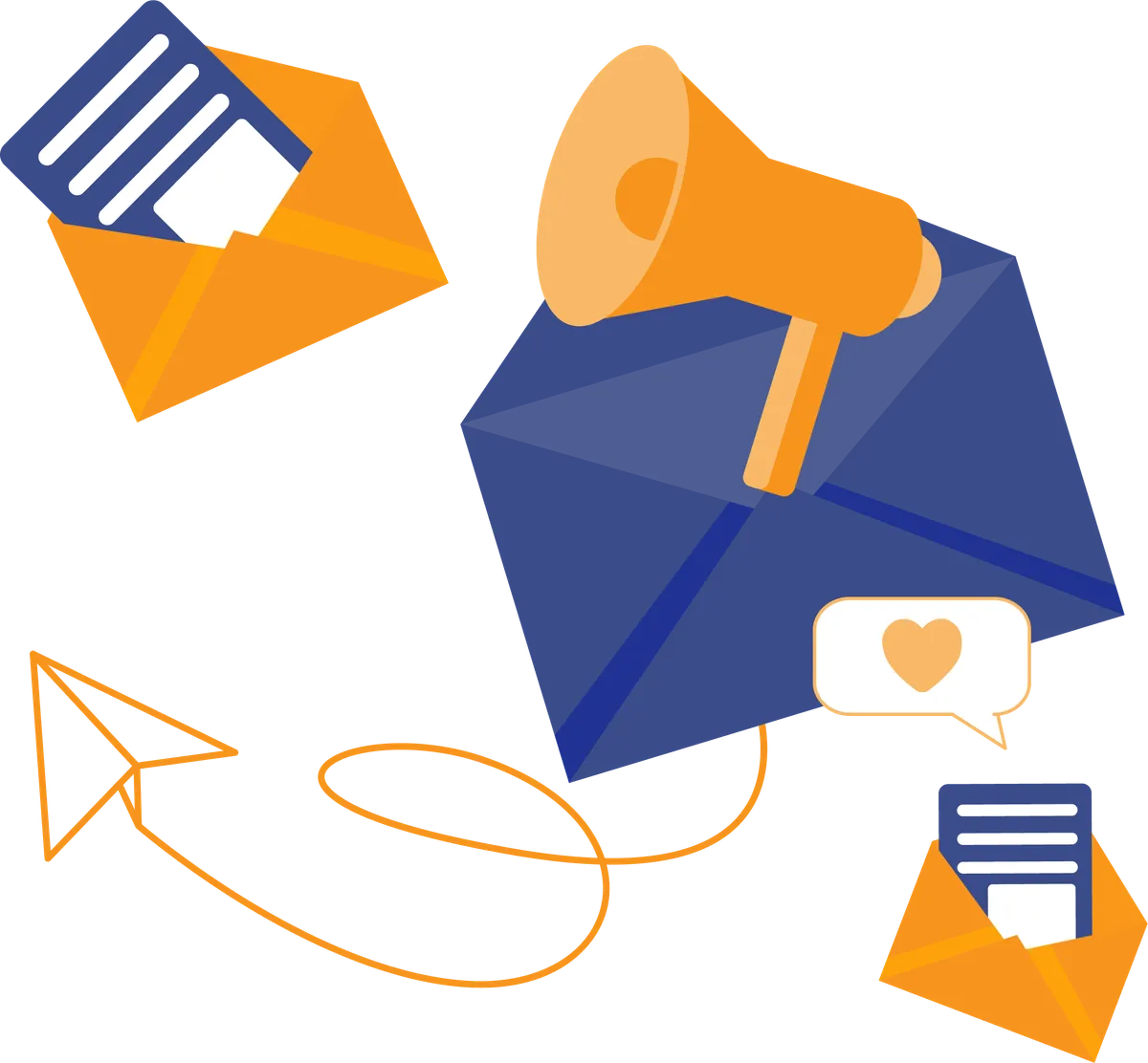 Ilustração de envelopes, megafone e avião de papel representando o envio da newsletter.