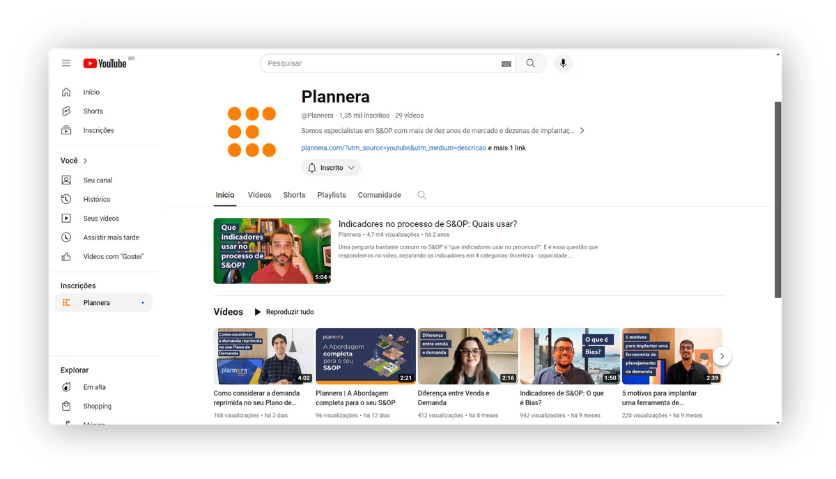 Canal da Plannera no YouTube com vídeos sobre S&OP.