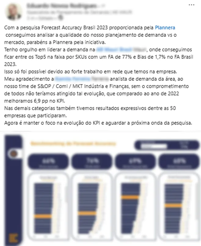 Publicação no LinkedIn de um participante comentando o resultado da sua empresa no Benchmarking de Forecast Accuracy da Plannera.