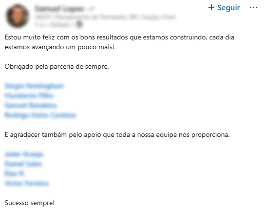 Publicação no LinkedIn de um participante comentando o resultado da sua empresa no Benchmarking de Forecast Accuracy da Plannera.