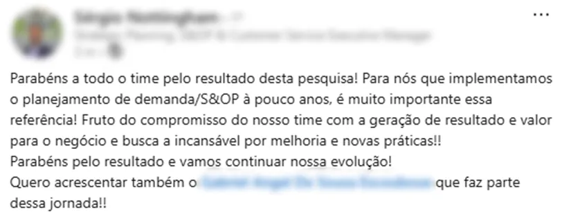 Publicação no LinkedIn de um participante comentando o resultado da sua empresa no Benchmarking de Forecast Accuracy da Plannera.