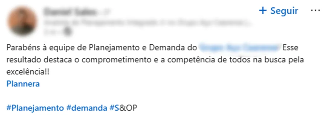 Publicação no LinkedIn de um participante comentando o resultado da sua empresa no Benchmarking de Forecast Accuracy da Plannera.