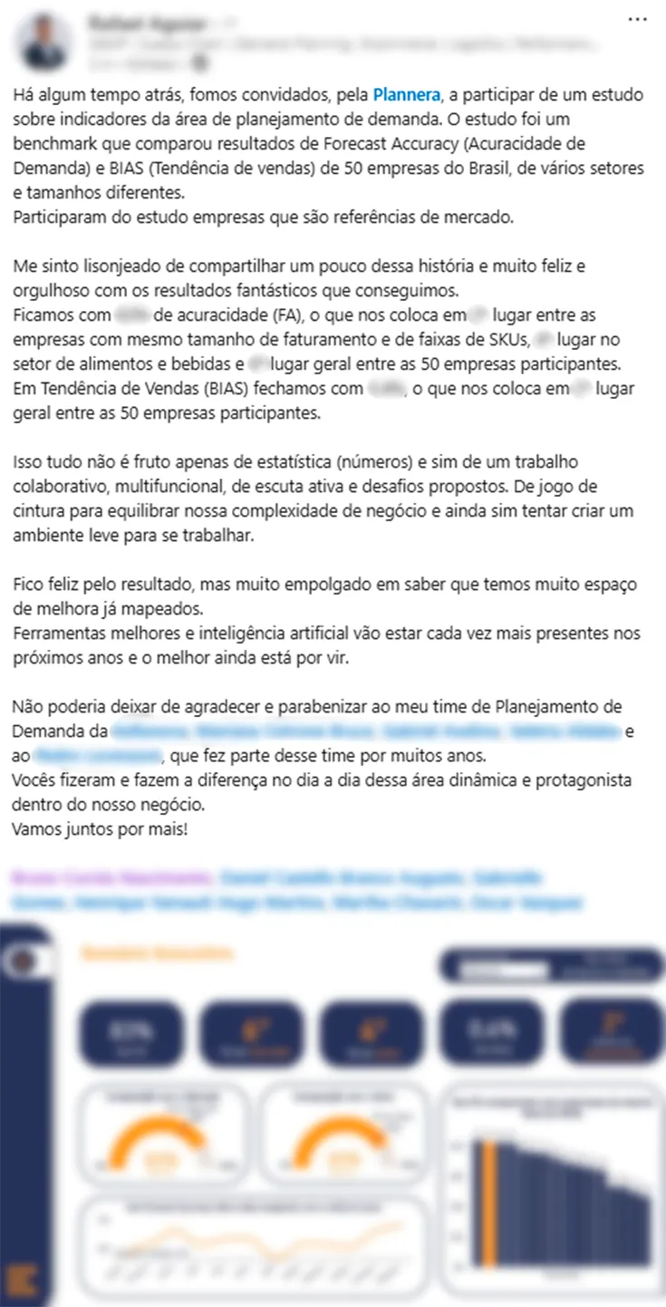 Publicação no LinkedIn de um participante comentando o resultado da sua empresa no Benchmarking de Forecast Accuracy da Plannera.