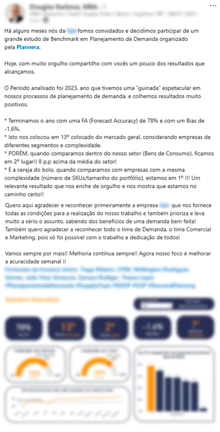 Publicação no LinkedIn de um participante comentando o resultado da sua empresa no Benchmarking de Forecast Accuracy da Plannera.