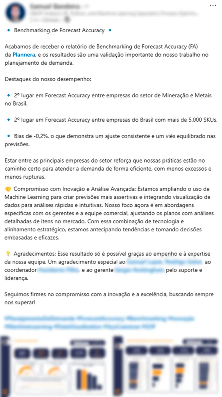 Publicação no LinkedIn de um participante comentando o resultado da sua empresa no Benchmarking de Forecast Accuracy da Plannera.