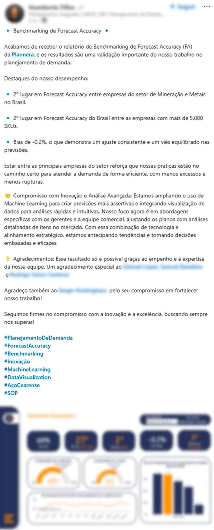 Publicação no LinkedIn de um participante comentando o resultado da sua empresa no Benchmarking de Forecast Accuracy da Plannera.